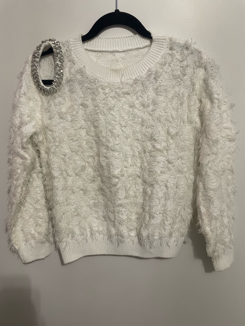 Beaded White Fuzzy Crewneck Sweater - Women's